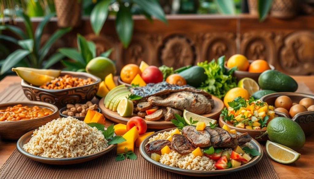 A vibrant still life showcasing the essence of Dominican Republic cuisine. In the foreground, an array of traditional dishes - fragrant rice and beans, tender plantains, savory pork shoulder, and a fresh tossed salad. Complementing the spread, an assortment of tropical fruits, vibrant in color and bursting with flavor, including juicy mangoes, creamy avocados, and zesty citrus. In the middle ground, intricately carved wooden bowls and platters, handcrafted by local artisans. The background blends earthy textures - woven placemats, rustic terracotta tiles, and a glimpse of lush foliage beyond, evoking the lush Caribbean setting. Warm, diffused lighting casts a soft, inviting glow, highlighting the dishes' mouthwatering appeal. The overall composition conveys the rich cultural heritage, vibrant flavors, and joyful celebration of Dominican Republic cuisine. A vibrant still life showcasing the essence of Dominican Republic cuisine. In the foreground, an array of traditional dishes - fragrant rice and beans, tender plantains, savory pork shoulder, and a fresh tossed salad. Complementing the spread, an assortment of tropical fruits, vibrant in color and bursting with flavor, including juicy mangoes, creamy avocados, and zesty citrus. In the middle ground, intricately carved wooden bowls and platters, handcrafted by local artisans. The background blends earthy textures - woven placemats, rustic terracotta tiles, and a glimpse of lush foliage beyond, evoking the lush Caribbean setting. Warm, diffused lighting casts a soft, inviting glow, highlighting the dishes' mouthwatering appeal. The overall composition conveys the rich cultural heritage, vibrant flavors, and joyful celebration of Dominican Republic cuisine.
