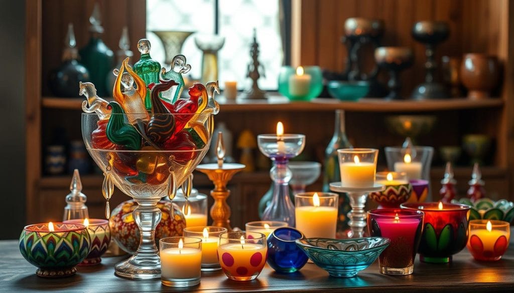 A vibrant still life showcasing the stunning handmade glass and candles of Eswatini. In the foreground, an elegant glass vase filled with meticulously crafted glass figurines, each with unique patterns and hues that catch the warm, diffused light. Surrounding the vase, a collection of ornate candles in various shapes and sizes, their wicks lit to cast a soft, flickering glow. In the middle ground, an assortment of handblown glass bowls, plates, and tumblers, their surfaces shimmering with an array of colors and textures. The background features a rustic wooden table or shelving unit, providing a naturalistic setting that complements the artisanal craftsmanship of the Eswatini-made items. The overall scene evokes a sense of artistry, tradition, and the vibrant cultural heritage of Eswatini's thriving handmade candle and glass industries. A vibrant still life showcasing the stunning handmade glass and candles of Eswatini. In the foreground, an elegant glass vase filled with meticulously crafted glass figurines, each with unique patterns and hues that catch the warm, diffused light. Surrounding the vase, a collection of ornate candles in various shapes and sizes, their wicks lit to cast a soft, flickering glow. In the middle ground, an assortment of handblown glass bowls, plates, and tumblers, their surfaces shimmering with an array of colors and textures. The background features a rustic wooden table or shelving unit, providing a naturalistic setting that complements the artisanal craftsmanship of the Eswatini-made items. The overall scene evokes a sense of artistry, tradition, and the vibrant cultural heritage of Eswatini's thriving handmade candle and glass industries.