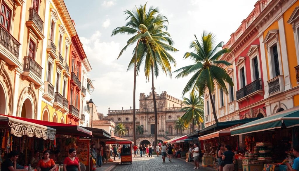 A vibrant street scene in Santo Domingo, the historic capital of the Dominican Republic. In the foreground, colorful colonial-era buildings line the cobblestone streets, their facades adorned with intricate architectural details. Lively local vendors sell traditional crafts and foods from stalls, their vibrant textiles and displays adding to the cultural atmosphere. In the middle ground, towering palm trees sway gently, casting warm, dappled shadows across the scene. In the background, the iconic Alcázar de Colón, a 16th-century Gothic-style palace, stands as a testament to the nation's rich heritage and the enduring influence of its Spanish colonial past. The overall mood is one of joyful celebration of Dominican cultural identity, with a soft, golden lighting that imbues the scene with a sense of timeless charm. A vibrant street scene in Santo Domingo, the historic capital of the Dominican Republic. In the foreground, colorful colonial-era buildings line the cobblestone streets, their facades adorned with intricate architectural details. Lively local vendors sell traditional crafts and foods from stalls, their vibrant textiles and displays adding to the cultural atmosphere. In the middle ground, towering palm trees sway gently, casting warm, dappled shadows across the scene. In the background, the iconic Alcázar de Colón, a 16th-century Gothic-style palace, stands as a testament to the nation's rich heritage and the enduring influence of its Spanish colonial past. The overall mood is one of joyful celebration of Dominican cultural identity, with a soft, golden lighting that imbues the scene with a sense of timeless charm.