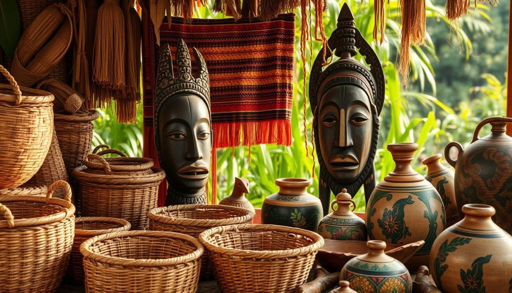 A vibrant tableau of traditional Congolese arts and crafts, captured in warm, natural lighting. In the foreground, intricate woven baskets and intricately carved wooden masks in earthy tones and bold tribal patterns. In the middle ground, colorful woven textiles and hand-painted pottery showcasing the region's distinct artistic style. The background features a lush, verdant jungle setting, hinting at the rich cultural heritage of the Democratic Republic of the Congo. The overall composition conveys a sense of cultural pride, tradition, and the enduring creative spirit of the Congolese people. A vibrant tableau of traditional Congolese arts and crafts, captured in warm, natural lighting. In the foreground, intricate woven baskets and intricately carved wooden masks in earthy tones and bold tribal patterns. In the middle ground, colorful woven textiles and hand-painted pottery showcasing the region's distinct artistic style. The background features a lush, verdant jungle setting, hinting at the rich cultural heritage of the Democratic Republic of the Congo. The overall composition conveys a sense of cultural pride, tradition, and the enduring creative spirit of the Congolese people.