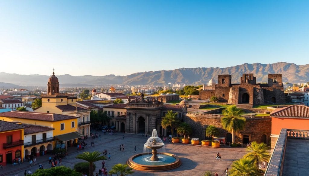 A vibrant tapestry of El Salvador's cultural treasures unfolds, captured in a sweeping panoramic view. In the foreground, a vibrant colonial plaza bustles with locals and visitors, its colorful buildings and fountains bathed in warm, golden sunlight. The middle ground reveals the iconic silhouettes of historic cathedrals and ancient Mayan ruins, their weathered stones bearing the weight of centuries. In the distance, lush, verdant hills and mountains rise, creating a breathtaking backdrop that evokes the country's natural splendor. The scene is infused with a sense of timeless tradition, where the past and present harmoniously coexist, inviting the viewer to immerse themselves in the rich cultural tapestry of El Salvador.