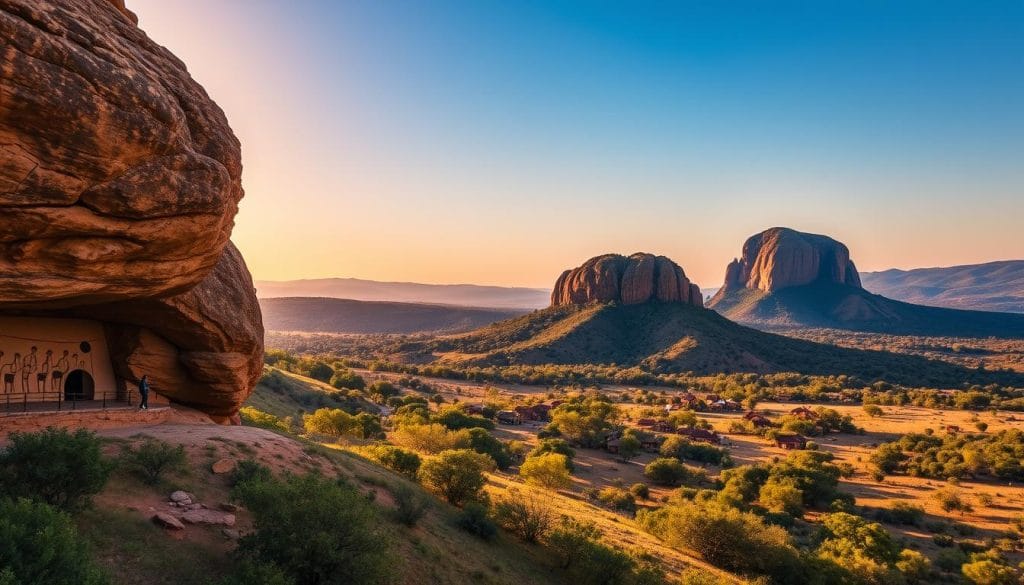 A vibrant tapestry of ancient cultural heritage sites in Eswatini, captured under the warm glow of the African sun. In the foreground, the iconic Nsangwini Rock Art site, its intricate cave paintings depicting the stories of the Swazi people. In the middle ground, the dignified grandeur of the Mlilwane Wildlife Sanctuary, a sanctuary where traditional Swazi homesteads coexist in harmony with the land. In the distance, the majestic Sibebe Rock, one of the oldest exposed granites on Earth, towering over the lush, rolling landscapes that define the kingdom's natural beauty. The scene radiates a sense of timeless, reverent preservation, inviting the viewer to immerse themselves in the rich cultural tapestry that makes Eswatini truly unique. A vibrant tapestry of ancient cultural heritage sites in Eswatini, captured under the warm glow of the African sun. In the foreground, the iconic Nsangwini Rock Art site, its intricate cave paintings depicting the stories of the Swazi people. In the middle ground, the dignified grandeur of the Mlilwane Wildlife Sanctuary, a sanctuary where traditional Swazi homesteads coexist in harmony with the land. In the distance, the majestic Sibebe Rock, one of the oldest exposed granites on Earth, towering over the lush, rolling landscapes that define the kingdom's natural beauty. The scene radiates a sense of timeless, reverent preservation, inviting the viewer to immerse themselves in the rich cultural tapestry that makes Eswatini truly unique.