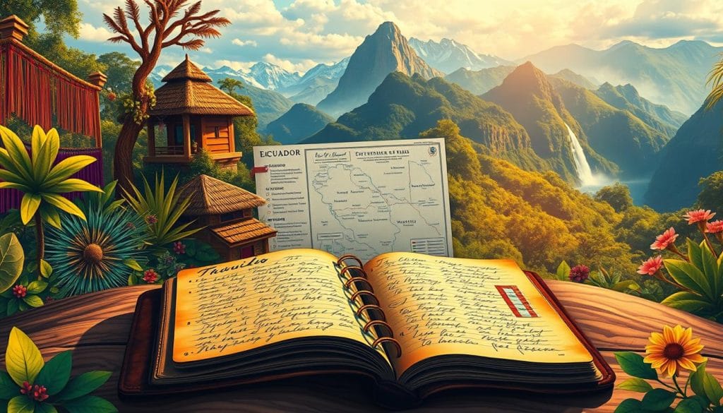 A vibrant travel guide showcasing the wonders of Ecuador, captured in a stunning landscape illustration. In the foreground, a well-worn leather-bound notebook lies open, its pages filled with handwritten tips and insights for adventurous travelers. Surrounding it, a rich tapestry of Ecuadorian culture unfolds - colorful textiles, indigenous art, and lush foliage, all illuminated by warm, golden lighting. In the middle ground, a detailed map of Ecuador guides the viewer, highlighting key destinations and visa information. The background depicts the country's breathtaking natural beauty, with towering Andean peaks, cascading waterfalls, and verdant rainforests. The overall atmosphere exudes a sense of exploration, discovery, and the endless possibilities that await in this captivating South American destination. A vibrant travel guide showcasing the wonders of Ecuador, captured in a stunning landscape illustration. In the foreground, a well-worn leather-bound notebook lies open, its pages filled with handwritten tips and insights for adventurous travelers. Surrounding it, a rich tapestry of Ecuadorian culture unfolds - colorful textiles, indigenous art, and lush foliage, all illuminated by warm, golden lighting. In the middle ground, a detailed map of Ecuador guides the viewer, highlighting key destinations and visa information. The background depicts the country's breathtaking natural beauty, with towering Andean peaks, cascading waterfalls, and verdant rainforests. The overall atmosphere exudes a sense of exploration, discovery, and the endless possibilities that await in this captivating South American destination.