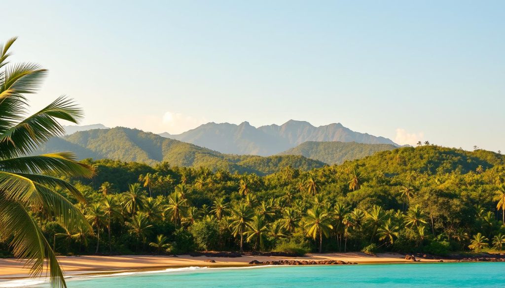 A vibrant tropical landscape in Côte d'Ivoire, West Africa. In the foreground, a picturesque beach with swaying palm trees and crystal-clear turquoise waters lapping against the golden sands. In the middle ground, rolling hills dotted with lush, verdant rainforests, their canopies alive with the call of exotic birds. In the background, majestic mountains rise up, their peaks shrouded in a soft, ethereal mist. The scene is bathed in warm, golden sunlight, creating a serene and captivating atmosphere that invites the viewer to explore the natural wonders of this stunning West African destination.