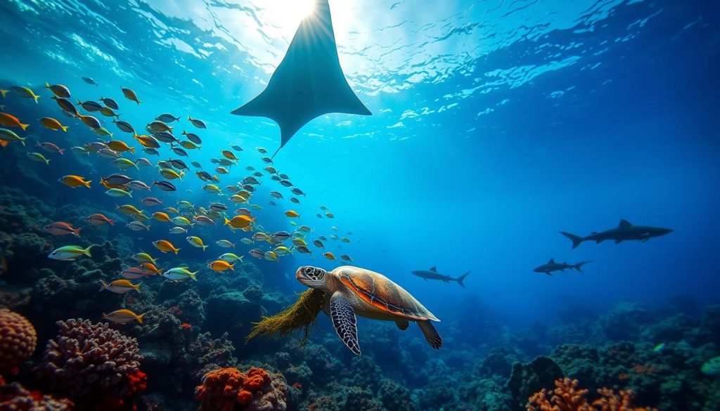 A vibrant underwater scene teeming with diverse marine life in the crystalline waters of the Cook Islands. A school of colorful tropical fish dart through the coral reefs, while a majestic manta ray gracefully glides above. Sunlight filters down, casting a warm glow and creating shimmering patterns on the surface. In the middle ground, a curious sea turtle nonchalantly munches on seaweed. In the distance, the silhouettes of curious reef sharks patrol the deeper blue. The overall mood is one of serene exploration, showcasing the extraordinary natural wonders that lie beneath the waves of this South Pacific paradise. A vibrant underwater scene teeming with diverse marine life in the crystalline waters of the Cook Islands. A school of colorful tropical fish dart through the coral reefs, while a majestic manta ray gracefully glides above. Sunlight filters down, casting a warm glow and creating shimmering patterns on the surface. In the middle ground, a curious sea turtle nonchalantly munches on seaweed. In the distance, the silhouettes of curious reef sharks patrol the deeper blue. The overall mood is one of serene exploration, showcasing the extraordinary natural wonders that lie beneath the waves of this South Pacific paradise.