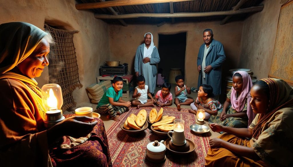 A warm, vibrant scene of an Eritrean family gathering in a traditional home. In the foreground, an elder woman serves freshly baked injera bread and steaming coffee to her guests, their faces lit by the soft glow of kerosene lamps. In the middle ground, children play joyfully on hand-woven rugs, while the patriarch of the family stands tall, welcoming visitors with open arms. The background depicts the earthen walls and thatched roof of the family's modest but well-kept dwelling, conveying a sense of timeless cultural heritage. The lighting is soft and diffused, creating an intimate, cozy atmosphere that invites the viewer to experience the hospitality and resilience of the Eritrean people. A warm, vibrant scene of an Eritrean family gathering in a traditional home. In the foreground, an elder woman serves freshly baked injera bread and steaming coffee to her guests, their faces lit by the soft glow of kerosene lamps. In the middle ground, children play joyfully on hand-woven rugs, while the patriarch of the family stands tall, welcoming visitors with open arms. The background depicts the earthen walls and thatched roof of the family's modest but well-kept dwelling, conveying a sense of timeless cultural heritage. The lighting is soft and diffused, creating an intimate, cozy atmosphere that invites the viewer to experience the hospitality and resilience of the Eritrean people.
