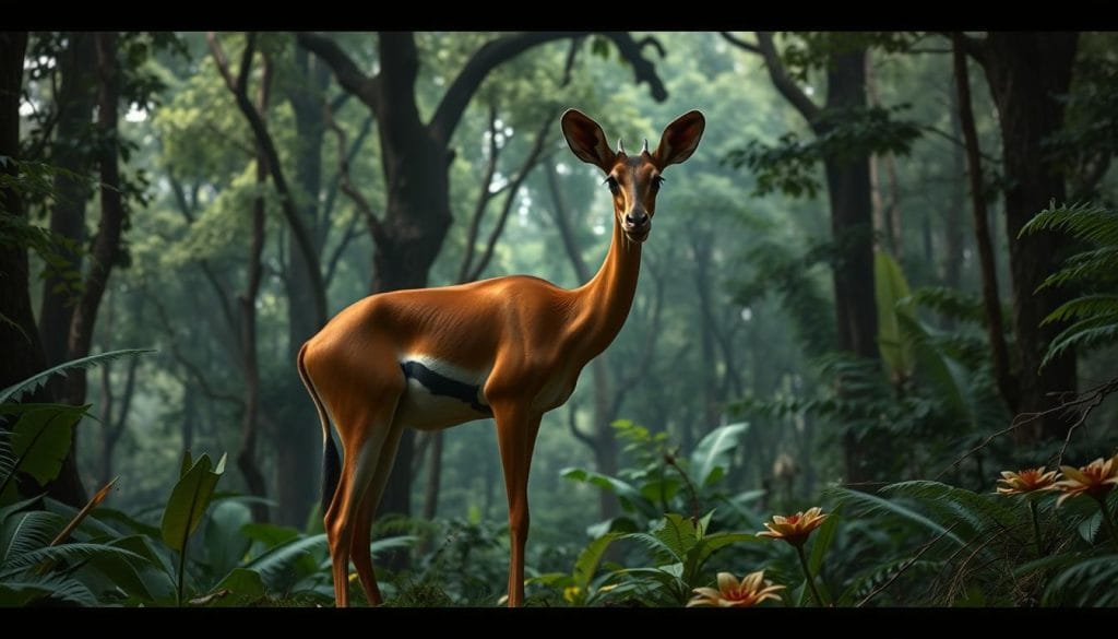 An adult okapi standing alert in the lush, verdant forests of the Democratic Republic of the Congo. Its striking zebra-like legs and long, flexible neck are silhouetted against a soft, diffused light filtering through the canopy above. The okapi's warm, reddish-brown coat glistens with subtle highlights, and its large, curious eyes convey a sense of gentle, intelligent curiosity. The background features a mosaic of towering trees, ferns, and exotic flora, creating a sense of a pristine, untouched wilderness. The scene is captured with a cinematic, wide-angle lens, emphasizing the okapi's majestic presence within its natural habitat. An adult okapi standing alert in the lush, verdant forests of the Democratic Republic of the Congo. Its striking zebra-like legs and long, flexible neck are silhouetted against a soft, diffused light filtering through the canopy above. The okapi's warm, reddish-brown coat glistens with subtle highlights, and its large, curious eyes convey a sense of gentle, intelligent curiosity. The background features a mosaic of towering trees, ferns, and exotic flora, creating a sense of a pristine, untouched wilderness. The scene is captured with a cinematic, wide-angle lens, emphasizing the okapi's majestic presence within its natural habitat.