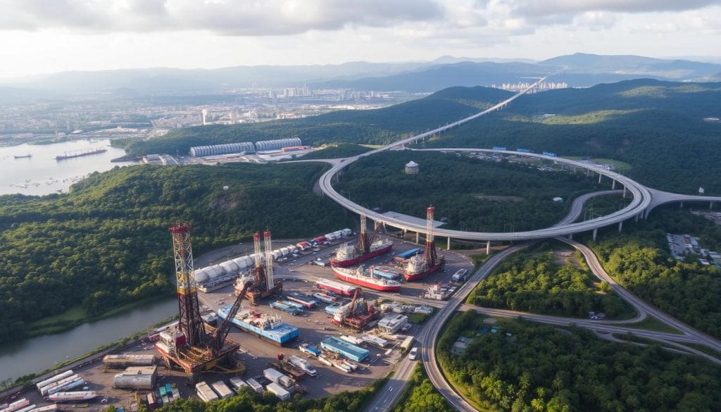 An aerial view of Equatorial Guinea's bustling capital, Malabo, nestled amidst lush tropical foliage. In the foreground, towering offshore oil rigs stand tall, their gleaming metal structures reflecting the sun's rays. The port area is bustling with activity, cargo ships and tankers docking to transport the nation's precious black gold. In the middle ground, a network of modern highways and railways wind through the landscape, facilitating the movement of people and resources. The background features the rolling hills and dense rainforests that characterize Equatorial Guinea's diverse geography. The scene conveys the impact of the country's thriving petroleum economy on its infrastructure and development, shaping the travel and transportation dynamics of this unique African nation.