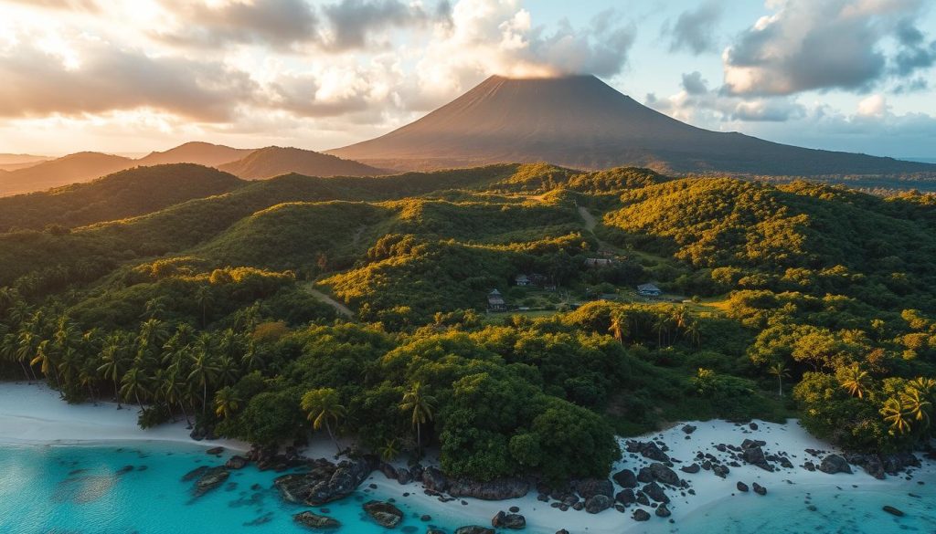 An aerial view of a lush, verdant landscape in Comoros, showcasing its natural wonders and biodiversity. In the foreground, a pristine white-sand beach flanked by swaying palm trees and vibrant coral reefs teeming with vibrant marine life. The middle ground features rolling hills covered in dense, tropical foliage, with winding paths and traditional thatched-roof villages nestled among the greenery. In the background, a majestic volcano rises, its slopes cloaked in a mist-shrouded, primeval forest. Warm, golden sunlight filters through the clouds, casting a soft, ethereal glow over the entire scene, conveying a sense of harmony and eco-friendly travel in this remote island paradise. An aerial view of a lush, verdant landscape in Comoros, showcasing its natural wonders and biodiversity. In the foreground, a pristine white-sand beach flanked by swaying palm trees and vibrant coral reefs teeming with vibrant marine life. The middle ground features rolling hills covered in dense, tropical foliage, with winding paths and traditional thatched-roof villages nestled among the greenery. In the background, a majestic volcano rises, its slopes cloaked in a mist-shrouded, primeval forest. Warm, golden sunlight filters through the clouds, casting a soft, ethereal glow over the entire scene, conveying a sense of harmony and eco-friendly travel in this remote island paradise.