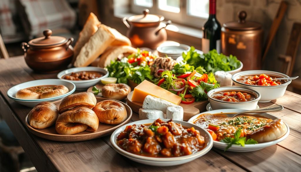 An assortment of traditional Croatian dishes arranged elegantly on a rustic wooden table, bathed in warm, natural lighting. In the foreground, a selection of homemade savory pastries and hearty stews, complemented by freshly baked bread and a variety of local cheeses. The middle ground features a vibrant salad, showcasing the region's abundant produce, while in the background, a bottle of robust red wine and a traditional copper pot hint at the rich culinary heritage. The overall scene exudes the inviting Mediterranean atmosphere, perfectly capturing the essence of Croatian cuisine.