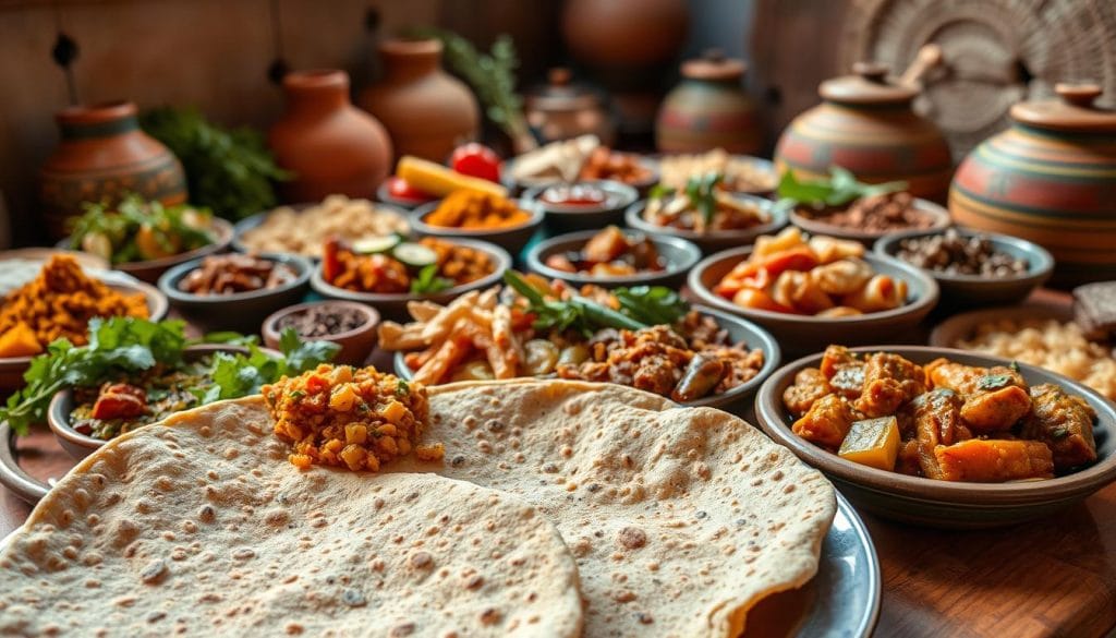 An elaborate spread of traditional Eritrean cuisine, featuring a vibrant array of dishes set against a backdrop of rustic earthen tones. In the foreground, a platter showcases the signature injera flatbread, accompanied by a selection of hearty stews and vegetable-based delicacies. The middle ground reveals an array of vibrant spices, herbs, and condiments, reflecting the blend of African and Middle Eastern influences. The background captures the warm, inviting atmosphere of an Eritrean kitchen, with subtle hints of earthenware pots and woven textures. Soft, natural lighting casts a comforting glow, emphasizing the rich, aromatic essence of this culinary tradition. An elaborate spread of traditional Eritrean cuisine, featuring a vibrant array of dishes set against a backdrop of rustic earthen tones. In the foreground, a platter showcases the signature injera flatbread, accompanied by a selection of hearty stews and vegetable-based delicacies. The middle ground reveals an array of vibrant spices, herbs, and condiments, reflecting the blend of African and Middle Eastern influences. The background captures the warm, inviting atmosphere of an Eritrean kitchen, with subtle hints of earthenware pots and woven textures. Soft, natural lighting casts a comforting glow, emphasizing the rich, aromatic essence of this culinary tradition.