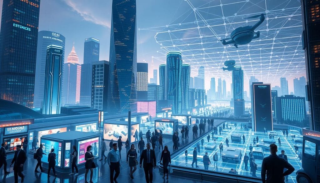 An expansive digital cityscape, bustling with innovation and tech-savvy citizens. Gleaming skyscrapers and futuristic architecture stand tall, their sleek facades reflecting the seamless integration of technology into the fabric of daily life. In the foreground, people navigate effortlessly through digital kiosks and holographic displays, their interactions a seamless dance of connectivity. The middle ground features a network of autonomous vehicles and drone deliveries, while the background showcases a vast, interconnected network of servers and data centers, the backbone of Estonia's renowned e-government and e-services. The scene is bathed in a cool, futuristic glow, conveying the sense of a highly advanced, efficient, and technologically empowered society.