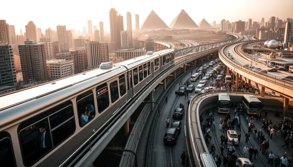 An expansive modern metropolis, Cairo's public transport system blends ancient roots with contemporary innovation. In the foreground, a sleek metro train glides along elevated tracks, passengers peering out of its vast windows. Surrounding it, a bustling urban landscape unfolds - towering skyscrapers, bustling pedestrian walkways, and intricate interchanges where buses, taxis, and microvans congregate. The middle ground showcases a diverse array of commuters, from well-dressed professionals to families, all navigating the efficient yet chaotic choreography of this dynamic city. In the background, the iconic silhouettes of ancient monuments, such as the Pyramids of Giza, loom majestically, a testament to Cairo's unique fusion of the old and the new. Warm, golden sunlight filters through, casting a sense of timeless vitality upon this modern public transport hub.