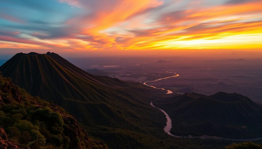 An expansive vista of El Salvador's volcanic landscapes, bathed in the warm glow of the setting sun. In the foreground, a majestic volcano towers, its jagged peak silhouetted against the vibrant sky. Lush, verdant foliage clings to the slopes, contrasting with the stark, rocky outcroppings. In the middle ground, a winding river cuts through the landscape, its waters reflecting the fiery hues of the horizon. Beyond, a patchwork of rolling hills and valleys stretch towards the distant horizon, dotted with the hazy outlines of more volcanoes. The scene exudes a sense of raw, untamed natural beauty, capturing the essence of El Salvador's diverse and captivating volcanic landscapes.
