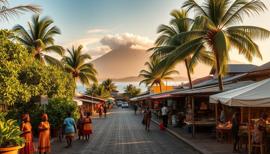 An idyllic seaside town in Equatorial Guinea, with lush tropical foliage lining the cobblestone streets. In the foreground, a group of locals engage in vibrant cultural activities, showcasing traditional dress and handicrafts. The middle ground features a bustling marketplace, where vendors offer a variety of local produce and goods. In the background, the stunning silhouette of Mount Pico Basile rises, its peak shrouded in wispy clouds. The scene is bathed in warm, golden sunlight, casting a serene and inviting atmosphere. A sense of cultural richness and safety pervades the image, inviting the viewer to explore the unique charms of Equatorial Guinea.
