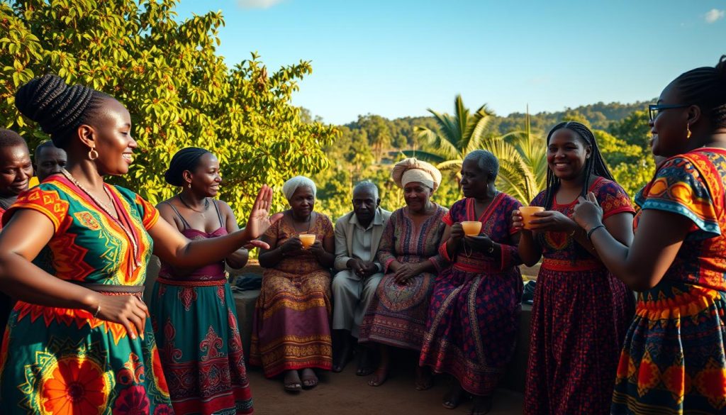 An intimate gathering of Comorian people celebrating their vibrant traditions. In the foreground, a group of women adorned in colorful, intricately patterned dresses engage in a lively dance, their movements fluid and energetic. Mid-frame, a group of elders sit in a circle, sipping traditional tea and sharing stories, their faces radiating warmth and wisdom. In the background, a backdrop of lush, verdant foliage and a clear, azure sky set the scene for this captivating display of Comorian cultural heritage. The lighting is soft and golden, evoking a sense of timelessness and cultural richness. The overall atmosphere is one of joyful, communal celebration, showcasing the deep-rooted traditions and the welcoming, hospitable nature of the Comorian people. An intimate gathering of Comorian people celebrating their vibrant traditions. In the foreground, a group of women adorned in colorful, intricately patterned dresses engage in a lively dance, their movements fluid and energetic. Mid-frame, a group of elders sit in a circle, sipping traditional tea and sharing stories, their faces radiating warmth and wisdom. In the background, a backdrop of lush, verdant foliage and a clear, azure sky set the scene for this captivating display of Comorian cultural heritage. The lighting is soft and golden, evoking a sense of timelessness and cultural richness. The overall atmosphere is one of joyful, communal celebration, showcasing the deep-rooted traditions and the welcoming, hospitable nature of the Comorian people.