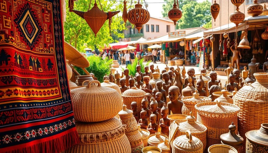 An intricate collection of traditional Eritrean crafts and artisanry, featuring vibrant textiles, hand-woven baskets, intricately carved wooden figurines, and gleaming metalwork. In the foreground, a stunning tapestry in vivid hues of red, ochre, and indigo, its intricate patterns and symbols telling the stories of the region's rich cultural heritage. Surrounding it, an array of delicately crafted baskets in earthy tones, their intricate weaves reflecting the skilled hands of local artisans. In the middle ground, a cluster of wooden sculptures, their faces and forms evoking the spiritual beliefs and folklore of the Eritrean people. In the background, a glimpse of a bustling marketplace, with vendors displaying their wares against a backdrop of sun-dappled buildings and lush, verdant foliage. The scene radiates a sense of vibrant, authentic tradition, captured in a warm, natural light that accentuates the handcrafted beauty of these timeless Eritrean creations. An intricate collection of traditional Eritrean crafts and artisanry, featuring vibrant textiles, hand-woven baskets, intricately carved wooden figurines, and gleaming metalwork. In the foreground, a stunning tapestry in vivid hues of red, ochre, and indigo, its intricate patterns and symbols telling the stories of the region's rich cultural heritage. Surrounding it, an array of delicately crafted baskets in earthy tones, their intricate weaves reflecting the skilled hands of local artisans. In the middle ground, a cluster of wooden sculptures, their faces and forms evoking the spiritual beliefs and folklore of the Eritrean people. In the background, a glimpse of a bustling marketplace, with vendors displaying their wares against a backdrop of sun-dappled buildings and lush, verdant foliage. The scene radiates a sense of vibrant, authentic tradition, captured in a warm, natural light that accentuates the handcrafted beauty of these timeless Eritrean creations.