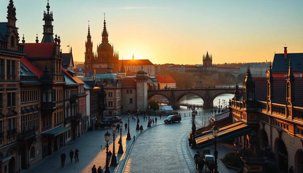 An ornate medieval skyline of Prague, Czech Republic, with towering Gothic spires and intricate stone facades casting long shadows under a warm, golden sunset. In the foreground, a cobblestone street winds through a bustling marketplace, filled with ornate architecture, ornamental lampposts, and horse-drawn carriages. The middle ground features the iconic silhouette of Prague Castle, its turrets and towers reflected in the still waters of the Vltava River. In the background, the distinctive profile of the Charles Bridge spans the river, its arches and statues standing as a testament to the city's rich history. The scene is infused with a sense of timeless elegance and wonder, capturing the architectural treasures of former Czechoslovakia. An ornate medieval skyline of Prague, Czech Republic, with towering Gothic spires and intricate stone facades casting long shadows under a warm, golden sunset. In the foreground, a cobblestone street winds through a bustling marketplace, filled with ornate architecture, ornamental lampposts, and horse-drawn carriages. The middle ground features the iconic silhouette of Prague Castle, its turrets and towers reflected in the still waters of the Vltava River. In the background, the distinctive profile of the Charles Bridge spans the river, its arches and statues standing as a testament to the city's rich history. The scene is infused with a sense of timeless elegance and wonder, capturing the architectural treasures of former Czechoslovakia.