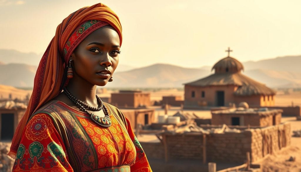 An ornately detailed illustration of a traditional Eritrean woman adorned in vibrant cultural attire. The foreground features a stunning model wearing a beautifully embroidered, brightly colored dress with intricate patterns, flowing sleeves, and an elegant head wrap draped elegantly. The middle ground showcases a backdrop of traditional Eritrean architecture, with mud brick buildings and thatched roofs set against a serene, desert landscape. Warm, natural lighting filters through, casting a soft, earthy glow across the scene. The overall mood evokes a profound sense of Eritrea's rich cultural heritage and identity. An ornately detailed illustration of a traditional Eritrean woman adorned in vibrant cultural attire. The foreground features a stunning model wearing a beautifully embroidered, brightly colored dress with intricate patterns, flowing sleeves, and an elegant head wrap draped elegantly. The middle ground showcases a backdrop of traditional Eritrean architecture, with mud brick buildings and thatched roofs set against a serene, desert landscape. Warm, natural lighting filters through, casting a soft, earthy glow across the scene. The overall mood evokes a profound sense of Eritrea's rich cultural heritage and identity.