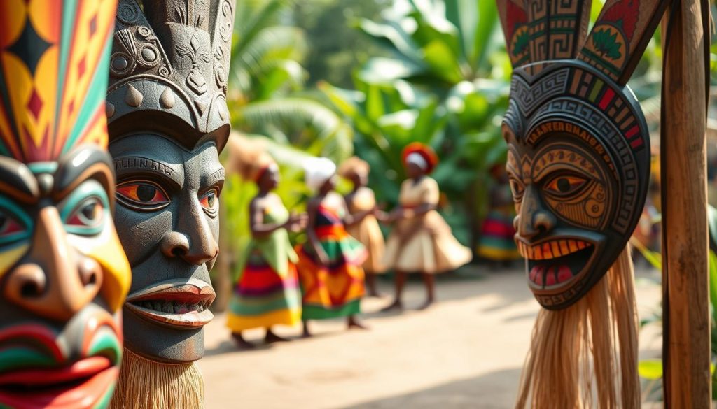 Cote d'Ivoire culture masks: A vibrant display of tradition and artistry. In the foreground, intricately carved wooden masks with bold, colorful patterns and expressive features come to life, their intricate details captured under warm, natural lighting. In the middle ground, dancers adorned in traditional costumes sway rhythmically, their movements evoking the rich cultural heritage. The background features a lush, vibrant backdrop, hinting at the lush, tropical environment of Cote d'Ivoire. The overall scene radiates an atmosphere of celebration, community, and a deep connection to the land and its people.
