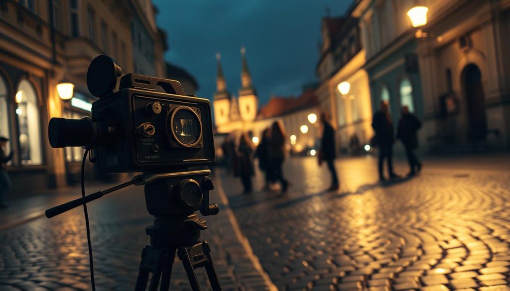 Czechoslovakia's cinematic heritage, a captivating interplay of light and shadow. A dimly lit street in Prague, cobblestones glistening under a warm, golden glow. In the foreground, a vintage film camera sits atop a weathered tripod, its lens capturing the essence of the city's timeless charm. The middle ground reveals a group of filmmakers, their faces obscured by the soft focus, deep in concentrated discussion. In the background, the iconic spires and facades of the city's historic architecture rise up, bathed in a soft, hazy light that evokes a sense of nostalgia and artistic vision. The scene exudes a palpable sense of creative energy, inviting the viewer to step into the rich tapestry of Czechoslovakia's cinematic past. Czechoslovakia's cinematic heritage, a captivating interplay of light and shadow. A dimly lit street in Prague, cobblestones glistening under a warm, golden glow. In the foreground, a vintage film camera sits atop a weathered tripod, its lens capturing the essence of the city's timeless charm. The middle ground reveals a group of filmmakers, their faces obscured by the soft focus, deep in concentrated discussion. In the background, the iconic spires and facades of the city's historic architecture rise up, bathed in a soft, hazy light that evokes a sense of nostalgia and artistic vision. The scene exudes a palpable sense of creative energy, inviting the viewer to step into the rich tapestry of Czechoslovakia's cinematic past.
