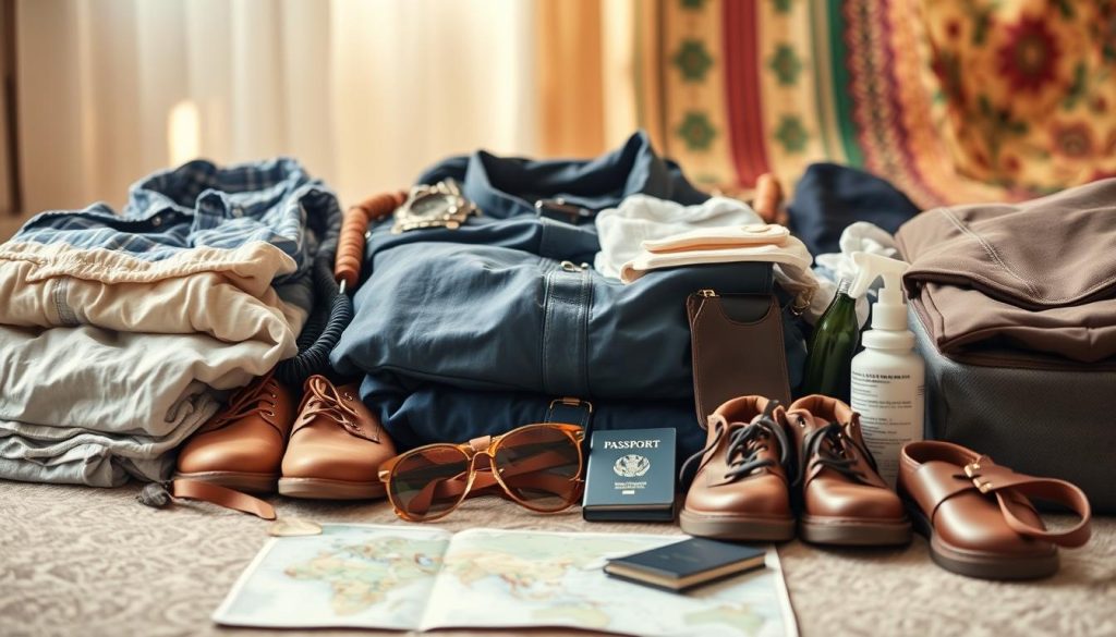 Detailed travel packing essentials for a trip to Ivory Coast. Foreground features a neatly organized array of clothing, footwear, accessories, and toiletries essential for the tropical climate. Middle ground showcases a map, passport, and other travel documents. Background has a soft, warm glow with glimpses of traditional Ivorian fabrics and patterns. Lighting is soft and natural, creating a serene, aspirational atmosphere. The composition emphasizes practicality and cultural immersion for the discerning adventurer exploring Ivory Coast.