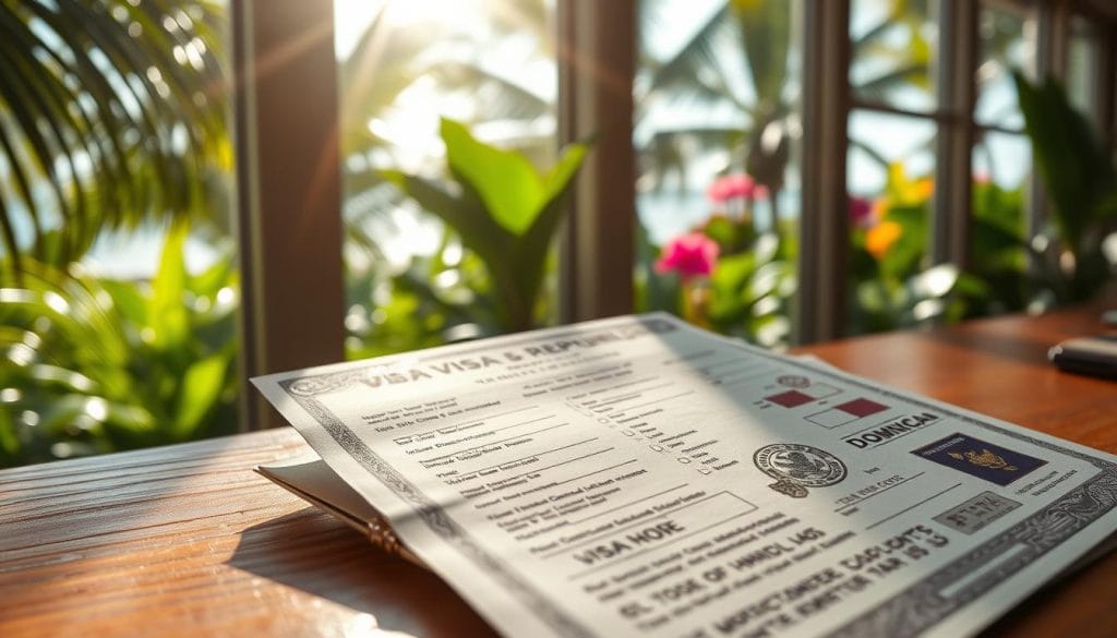 Dominican Republic visa requirements, a detailed document with official seals and stamps, resting on a wooden desk with a lush tropical backdrop. Sunlight filters through large windows, casting a warm glow on the scene. The visa form features intricate patterns and official insignia, conveying the gravity of international travel regulations. In the background, a glimpse of swaying palm trees and vibrant foliage, hinting at the captivating destination awaiting American visitors to the Dominican Republic. Dominican Republic visa requirements, a detailed document with official seals and stamps, resting on a wooden desk with a lush tropical backdrop. Sunlight filters through large windows, casting a warm glow on the scene. The visa form features intricate patterns and official insignia, conveying the gravity of international travel regulations. In the background, a glimpse of swaying palm trees and vibrant foliage, hinting at the captivating destination awaiting American visitors to the Dominican Republic.