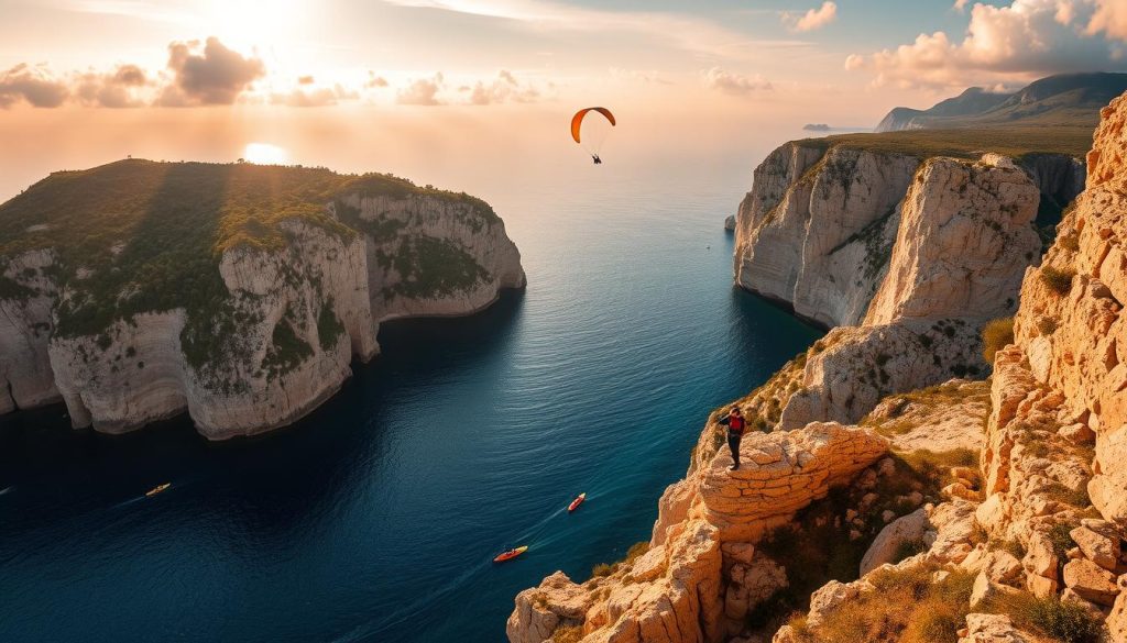 Dramatic aerial shot of stunning Croatian coastline, with towering limestone cliffs plunging into crystal-clear Adriatic waters. In the foreground, a group of adventure-seekers engage in various thrilling activities - kayakers navigating through sea caves, rock climbers scaling rugged seaside walls, and paragliders soaring high above the scenic landscape. Warm golden light filters through wispy clouds, casting a picturesque glow across the tranquil scene. The overall mood is one of awe-inspiring natural beauty and exhilarating, outdoor exploration.