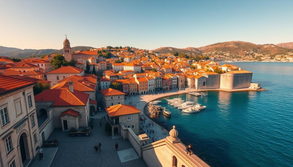Dubrovnik old town views, with its iconic orange-tiled roofs and medieval stone walls overlooking the sparkling turquoise Adriatic Sea. A wide-angle lens captures the sweeping panorama, showcasing the city's picturesque harbor, bell towers, and the iconic Stradun promenade. Warm, golden afternoon sunlight casts long shadows, creating a sense of timeless Mediterranean charm. In the foreground, cobblestone streets are bustling with locals and tourists exploring the historic city center. The middle ground features the imposing Minceta Tower and the Franciscan Monastery, while the background is dominated by the lush, rolling hills that surround Dubrovnik, the "Pearl of the Adriatic."