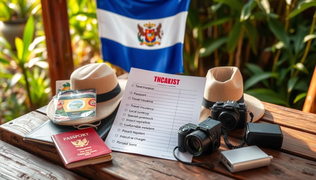El Salvador travel planning checklist: a neatly organized list of essential items - passport, travel insurance, local currency, Spanish phrasebook, sunscreen, hat, comfortable walking shoes, insect repellent, camera, portable charger - arranged on a rustic wooden table, with a vibrant Salvadoran flag and lush greenery in the background, under warm, natural lighting captured with a shallow depth of field.