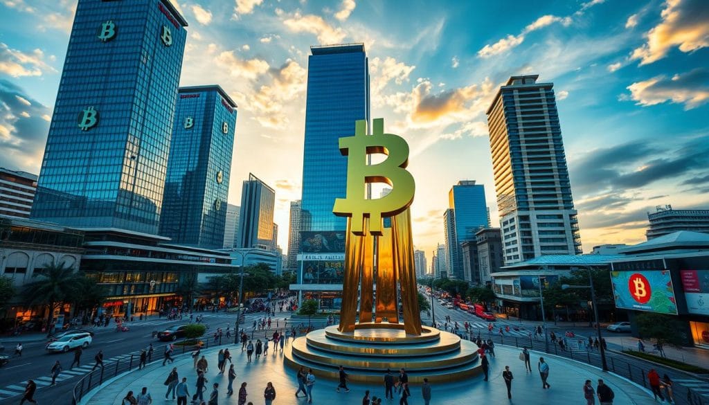 El Salvador's bustling metropolis, a financial hub where the future of money converges. Towering skyscrapers adorned with the Bitcoin symbol cast long shadows upon the bustling streets below, where citizens hurry to and fro, seamlessly integrating the cryptocurrency into their daily lives. In the foreground, a modern plaza showcases a towering, gleaming Bitcoin statue, its mirrored surface reflecting the energy and innovation of this groundbreaking economic shift. The sky is bathed in a warm, golden glow, creating an atmosphere of prosperity and progress, as the world watches El Salvador's pioneering journey into the new age of digital finance.