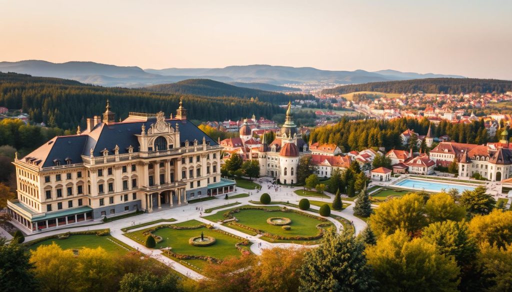 Enchanting Czech spa landmarks emerge in a picturesque landscape. A grand, ornate spa building stands proudly in the foreground, its intricate architecture and decorative details reflecting the region's rich wellness heritage. In the middle ground, lush gardens and promenades beckon visitors to enjoy the soothing thermal waters and restorative therapies. The background is dominated by rolling hills, dense forests, and the distinct silhouettes of historic town centers, creating a serene, tranquil atmosphere. Soft, warm lighting bathes the scene, evoking a sense of timeless elegance and relaxation. A wide-angle lens captures the full scale and grandeur of this iconic Czech spa destination.