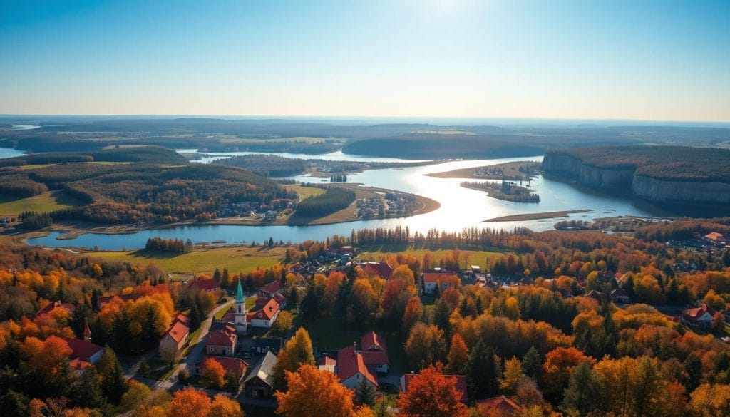 Estonia seasonal views: An aerial panorama of Estonia's rolling hills, lush forests, and quaint villages in vibrant hues. In the foreground, a picturesque town with colorful houses and church spires sits nestled among the trees. The middle ground showcases the country's diverse landscapes, from the serene lakes and winding rivers to the rugged coastline adorned with limestone cliffs. In the background, the sky transitions from a crisp, clear blue to a warm, golden glow, creating a serene and breathtaking atmosphere. The scene reflects the enchanting beauty of Estonia's four seasons, inviting the viewer to explore the country's natural wonders.