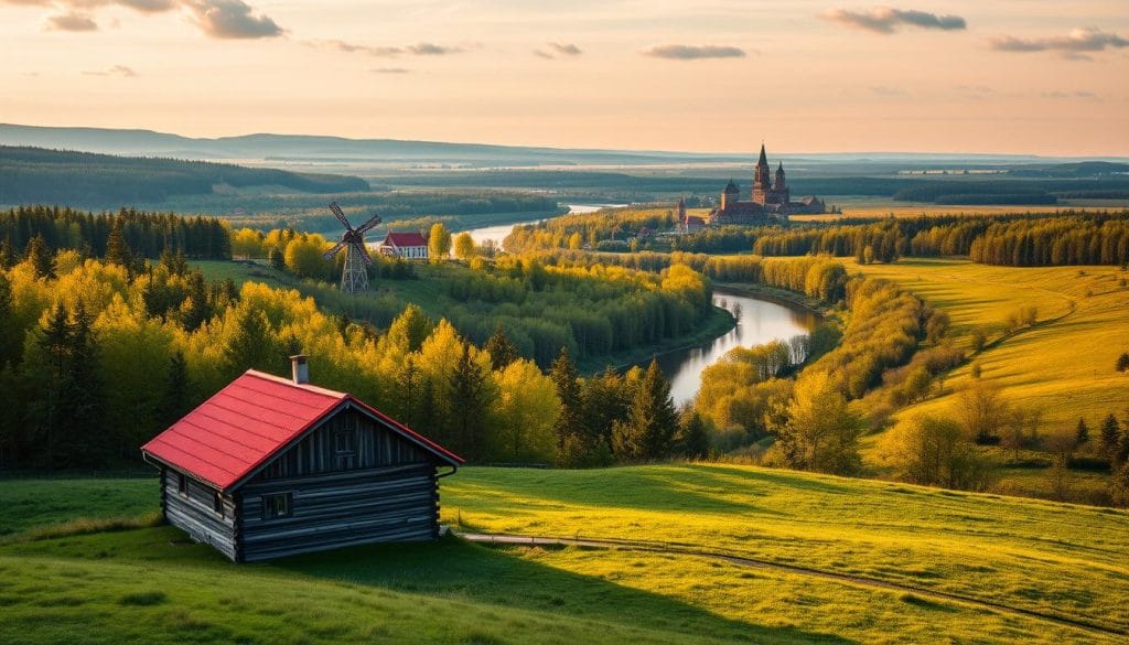 Estonia specialties in natural and cultural landscapes - a picturesque panorama of pristine forests, rugged coastlines, and ancient castles bathed in soft, golden light. In the foreground, a traditional Estonian wooden farmhouse nestled among rolling meadows, its red roof contrasting against the lush greenery. Winding through the midground, a serene river reflects the surrounding birch trees and historic windmills. Beyond, the majestic silhouettes of medieval fortresses and cathedrals rise against a vibrant, Baltic sky. The scene exudes a serene, timeless atmosphere, capturing the unique blend of natural wonders and cultural heritage that define the essence of Estonia.