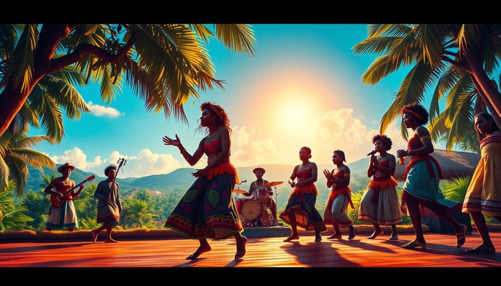High-quality digital painting of a traditional dance performance from the Equatorial Guinea culture. In the foreground, a group of dancers in colorful, ornate costumes performing a lively, rhythmic dance with intricate foot movements and energetic gestures. In the middle ground, a live band playing traditional instruments like drums, xylophones, and rattles, providing the pulsing musical accompaniment. In the background, a vibrant, tropical landscape with lush foliage, a clear blue sky, and the silhouettes of thatched-roof buildings. The scene is illuminated by warm, golden lighting that creates a celebratory, festive atmosphere, capturing the essence of Equatorial Guinea's rich cultural heritage.