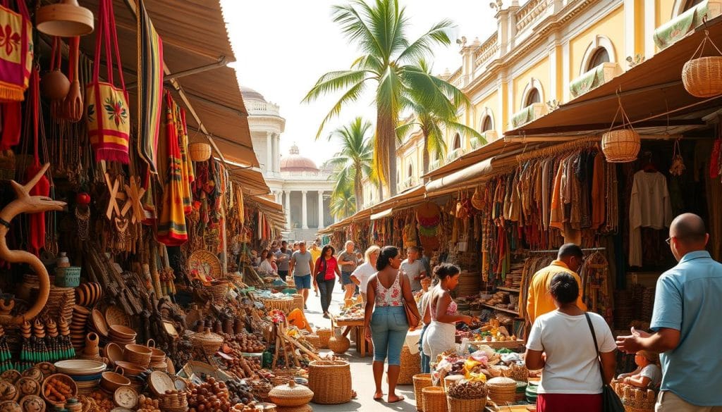 Lively open-air artisan markets in Santo Domingo, Dominican Republic. Vibrant stalls overflowing with handcrafted goods - colorful textiles, intricate woodcarvings, woven baskets, and Dominican amber jewelry. Warm sunlight filters through shaded canopies, casting a golden glow over the bustling scene. Local artisans demonstrate their craft as shoppers browse an array of traditional Dominican Republic souvenirs. In the background, colonial architecture and palm trees frame the lively marketplace. Capture the essence of Dominican culture and craftsmanship in this detailed, atmospheric scene. Lively open-air artisan markets in Santo Domingo, Dominican Republic. Vibrant stalls overflowing with handcrafted goods - colorful textiles, intricate woodcarvings, woven baskets, and Dominican amber jewelry. Warm sunlight filters through shaded canopies, casting a golden glow over the bustling scene. Local artisans demonstrate their craft as shoppers browse an array of traditional Dominican Republic souvenirs. In the background, colonial architecture and palm trees frame the lively marketplace. Capture the essence of Dominican culture and craftsmanship in this detailed, atmospheric scene.