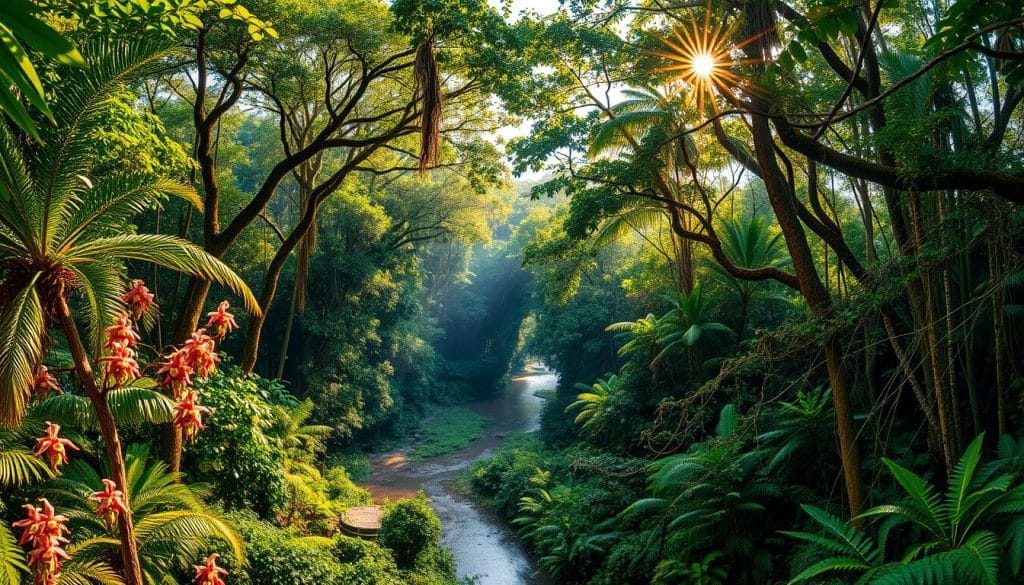 Lush, verdant Amazon rainforest in eastern Ecuador, teeming with vibrant biodiversity. Towering canopy of emerald treetops, dappled by warm, golden sunlight filtering through. Diverse array of exotic flora - vibrant orchids, twisting vines, and lush ferns carpeting the forest floor. Glimpses of colorful birds and primates darting between the branches. Meandering river snakes through the scene, its tranquil waters reflecting the surrounding natural beauty. Atmosphere of tranquility and wonder, capturing the essence of Ecuador's ecological treasure. Panoramic view, wide-angle lens to showcase the sprawling, untamed wilderness. Lush, verdant Amazon rainforest in eastern Ecuador, teeming with vibrant biodiversity. Towering canopy of emerald treetops, dappled by warm, golden sunlight filtering through. Diverse array of exotic flora - vibrant orchids, twisting vines, and lush ferns carpeting the forest floor. Glimpses of colorful birds and primates darting between the branches. Meandering river snakes through the scene, its tranquil waters reflecting the surrounding natural beauty. Atmosphere of tranquility and wonder, capturing the essence of Ecuador's ecological treasure. Panoramic view, wide-angle lens to showcase the sprawling, untamed wilderness.