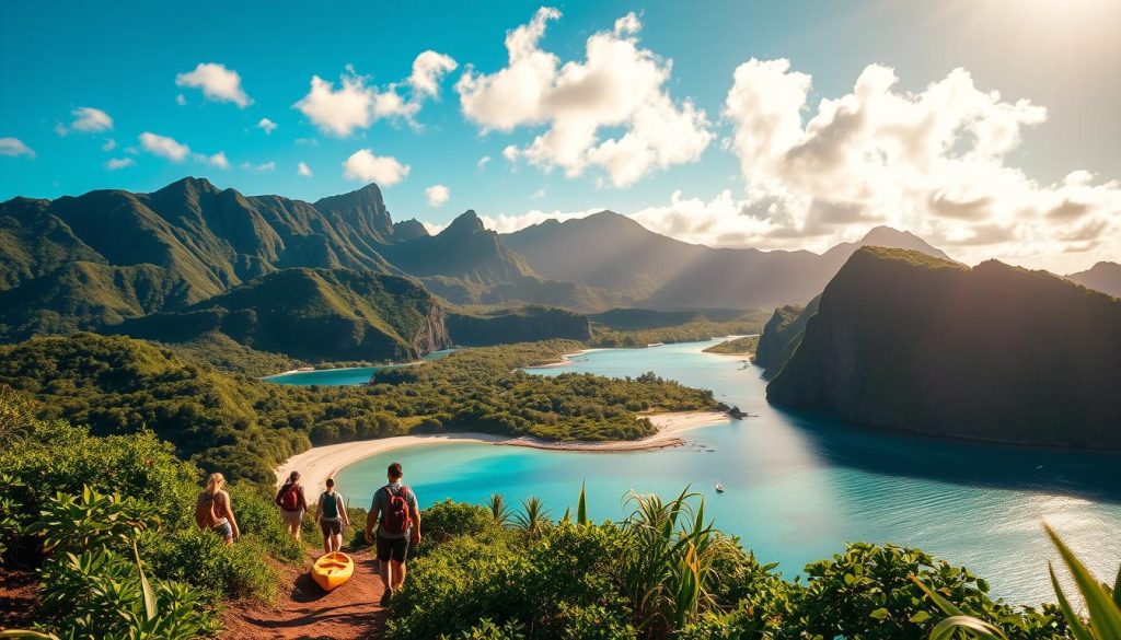 Lush verdant landscapes of the Cook Islands, dotted with pristine turquoise lagoons and white sandy beaches. Dramatic cliffs and volcanic peaks rising in the distance, casting long shadows across the scene. A group of adventurous travelers explore the untamed wilderness, hiking through dense tropical foliage, paddling kayaks across serene waters, and immersing themselves in the vibrant local culture. Warm golden sunlight filters through wispy clouds, illuminating the vibrant hues of the environment. A sense of discovery and unbridled exploration radiates throughout the composition. Lush verdant landscapes of the Cook Islands, dotted with pristine turquoise lagoons and white sandy beaches. Dramatic cliffs and volcanic peaks rising in the distance, casting long shadows across the scene. A group of adventurous travelers explore the untamed wilderness, hiking through dense tropical foliage, paddling kayaks across serene waters, and immersing themselves in the vibrant local culture. Warm golden sunlight filters through wispy clouds, illuminating the vibrant hues of the environment. A sense of discovery and unbridled exploration radiates throughout the composition.