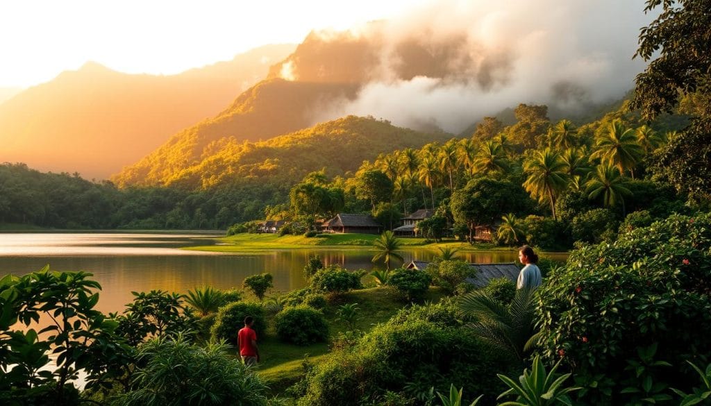 Lush, verdant landscapes unfurl across El Salvador's hidden gem destinations. In the foreground, a tranquil lake reflects the towering peaks of a nearby mountain range, bathed in warm, golden sunlight. The middle ground features a traditional Salvadoran village, its thatched-roof structures nestled among vibrant foliage. In the background, a mist-shrouded cloud forest canopy creates an ethereal, enchanting atmosphere. Adventurous hikers explore winding trails, discovering cascading waterfalls and ancient Mayan ruins. This image conveys the unspoiled natural beauty and cultural richness that await the discerning traveler in El Salvador's off-the-beaten-path gems.
