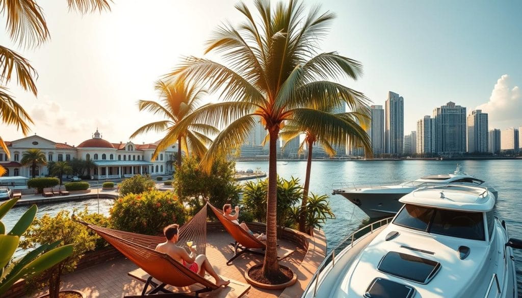 Luxury travel experiences in Malabo, Equatorial Guinea: A picturesque coastal city framed by palm-lined boulevards, colonial architecture, and the glistening waters of the Gulf of Guinea. In the foreground, a private yacht sails gracefully along the harbor, its sleek lines and gleaming exterior reflecting the city's opulent lifestyle. The middle ground features a serene tropical garden, where guests lounge in hammocks beneath swaying palm trees, sipping local cocktails. In the background, the skyline is dominated by the grand, modern skyscrapers of the city's financial district, a testament to Equatorial Guinea's burgeoning economic prosperity. The scene is bathed in warm, golden sunlight, evoking a sense of relaxation and indulgence. A tranquil, luxurious haven for the discerning traveler.