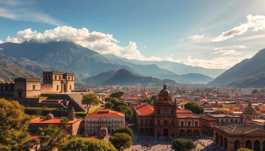 Majestic Andes mountains cast a serene backdrop, as ancient Inca ruins stand tall, their stone facades weathered by time. In the foreground, a sprawling colonial city unfolds, its cobblestone streets lined with ornate cathedrals and plazas bustling with local artisans showcasing their vibrant textiles and intricate handicrafts. Warm sunlight filters through the canopy of lush, verdant foliage, illuminating the rich cultural tapestry that defines the historic splendor of Ecuador. Majestic Andes mountains cast a serene backdrop, as ancient Inca ruins stand tall, their stone facades weathered by time. In the foreground, a sprawling colonial city unfolds, its cobblestone streets lined with ornate cathedrals and plazas bustling with local artisans showcasing their vibrant textiles and intricate handicrafts. Warm sunlight filters through the canopy of lush, verdant foliage, illuminating the rich cultural tapestry that defines the historic splendor of Ecuador.