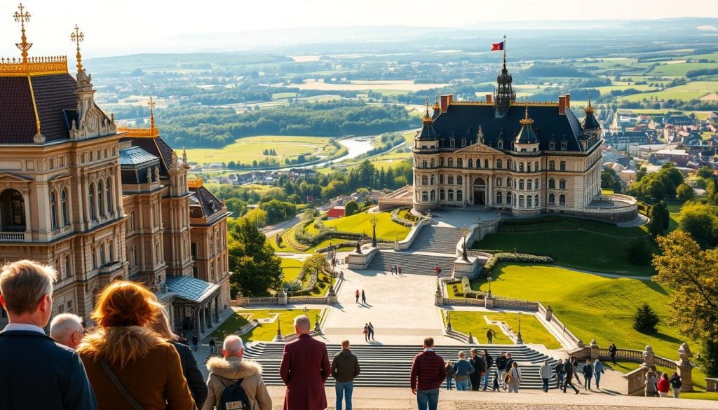 Majestic Danish royal palaces and castles, bathed in warm golden sunlight, stand tall against a backdrop of lush green landscapes. In the foreground, a royal tour guide leads a group of fascinated tourists through the ornate architectural wonders, showcasing the opulent interiors and intricate details that reflect the rich history and cultural heritage of the Danish monarchy. The mid-ground features a grand, sweeping staircase leading up to an imposing castle entrance, while the background is dotted with picturesque Danish countryside, complete with quaint villages and winding rivers. The scene exudes a sense of grandeur, elegance, and the timeless allure of one of the world's oldest royal dynasties. Majestic Danish royal palaces and castles, bathed in warm golden sunlight, stand tall against a backdrop of lush green landscapes. In the foreground, a royal tour guide leads a group of fascinated tourists through the ornate architectural wonders, showcasing the opulent interiors and intricate details that reflect the rich history and cultural heritage of the Danish monarchy. The mid-ground features a grand, sweeping staircase leading up to an imposing castle entrance, while the background is dotted with picturesque Danish countryside, complete with quaint villages and winding rivers. The scene exudes a sense of grandeur, elegance, and the timeless allure of one of the world's oldest royal dynasties.