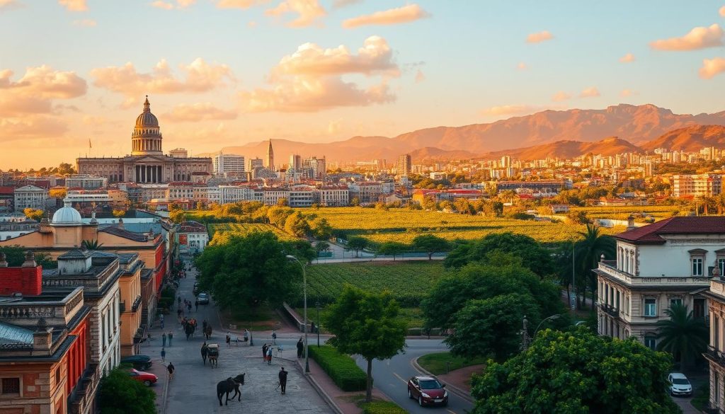 Majestic Havana skyline, bathed in golden sunlight, showcasing iconic Cuban landmarks like the towering Morro Castle, the neoclassical grandeur of the Capitolio, and the vibrant colors of the Malecón promenade. In the foreground, cobblestone streets wind through a quaint colonial district, with horse-drawn carriages and locals going about their daily lives. The middle ground features the lush, verdant landscapes of the Cuban countryside, dotted with tobacco fields and vintage American cars. In the distance, the rugged Sierra Maestra mountains rise up, a reminder of Cuba's revolutionary past. The overall scene exudes a timeless, cinematic quality, capturing the essence of Cuba's rich history and cultural heritage.