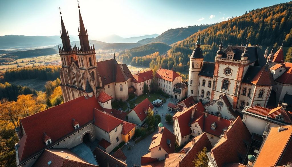 Majestic medieval castles stand tall against a backdrop of rolling hills and lush forests in the breathtaking Czech landscape. Towering spires and ornate turrets cast long shadows across cobblestone courtyards, where sunlight filters through stained glass windows. In the foreground, a picturesque village nestled at the foot of an imposing castle, its red-tiled roofs and charming architecture reflecting the rich cultural heritage of Czechia. The scene is bathed in a warm, golden glow, evoking a sense of timeless grandeur and historic significance. Wide-angle lens captures the grandeur and scale of these magnificent Czech landmarks.