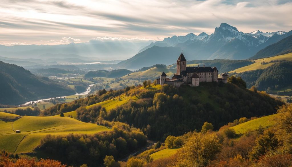 Majestic rolling hills draped in lush, verdant foliage, interspersed with meandering streams and serene lakes. Towering ancient castles and fortresses rise dramatically from the landscape, their weathered stone facades reflecting the rich history of the region. Sunlight filters through wispy clouds, casting warm, golden hues across the scene. In the distance, rugged, snow-capped peaks pierce the horizon, creating a breathtaking juxtaposition of natural beauty. The overall atmosphere evokes a sense of timeless wonder and the untamed magnificence of Czechoslovakia's natural landscapes. Majestic rolling hills draped in lush, verdant foliage, interspersed with meandering streams and serene lakes. Towering ancient castles and fortresses rise dramatically from the landscape, their weathered stone facades reflecting the rich history of the region. Sunlight filters through wispy clouds, casting warm, golden hues across the scene. In the distance, rugged, snow-capped peaks pierce the horizon, creating a breathtaking juxtaposition of natural beauty. The overall atmosphere evokes a sense of timeless wonder and the untamed magnificence of Czechoslovakia's natural landscapes.