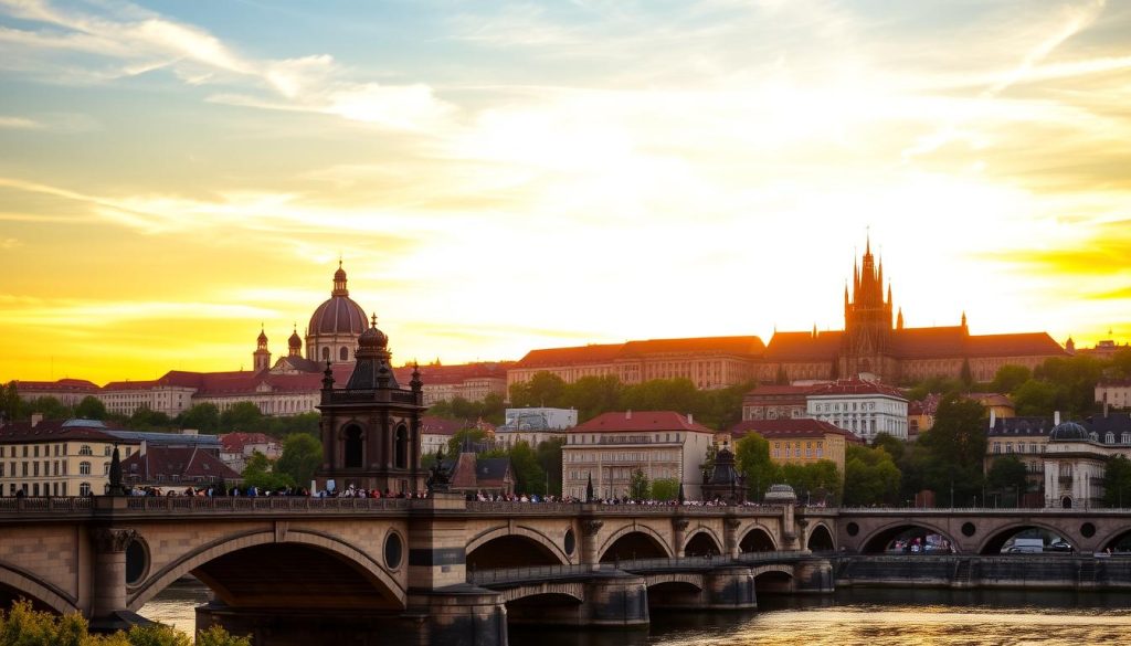 Majestic towers of Prague silhouetted against a vibrant sunset sky, their historic facades bathed in warm golden light. In the foreground, the iconic Charles Bridge arches gracefully over the Vltava River, bustling with pedestrians admiring the picturesque cityscape. The middle ground features the striking domes and spires of St. Vitus Cathedral, complemented by the lush greenery of surrounding gardens. In the background, the Prague Castle complex stands tall, its grand architecture reflected in the tranquil waters below. The scene is imbued with a sense of timeless beauty and the rich cultural heritage of this captivating "City of a Hundred Spires".