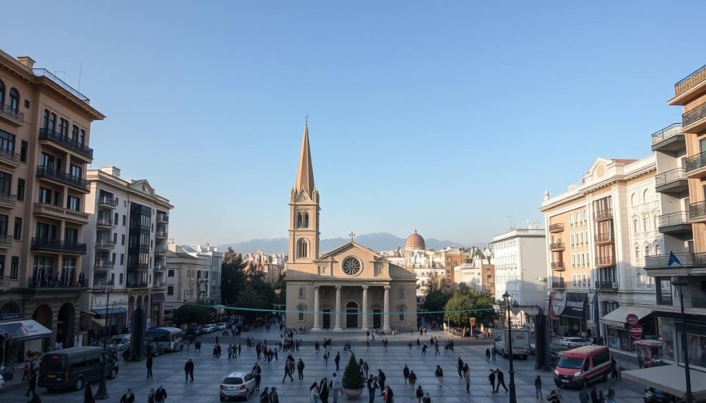 Nicosia, a divided city frozen in time. In the foreground, a bustling central square with a towering church at its heart, its spire reaching skyward. The middle ground reveals a stark contrast - the UN-patrolled Green Line, a physical barrier cleaving the city in two, casting a shadow of uncertainty. Beyond, on either side, the distinct architectural styles of the Greek and Turkish Cypriot communities stand in uneasy coexistence, a testament to the complexities of this island's history. Soft, diffused lighting imbues the scene with a contemplative mood, inviting the viewer to ponder the nuances of this unique urban landscape. Captured through a wide-angle lens, the image conveys the duality and fragmentation that define Nicosia, the divided capital of Cyprus.