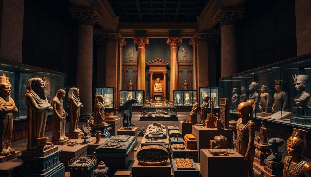 Ornate Egyptian museum artifacts set against a dimly lit, grand interior. Intricately carved statues, polished stone tablets, and glittering gold treasures fill the foreground. Soft, warm lighting spotlights the ancient relics, casting dramatic shadows and highlighting their intricate details. In the middle ground, rows of glass display cases hold a diverse array of meticulously preserved artifacts, while the background features towering stone columns and ornate architectural elements that evoke the grandeur of the museum's historic setting. An atmosphere of reverence and wonder pervades the scene, inviting the viewer to explore the extraordinary riches of Egypt's remarkable cultural heritage.