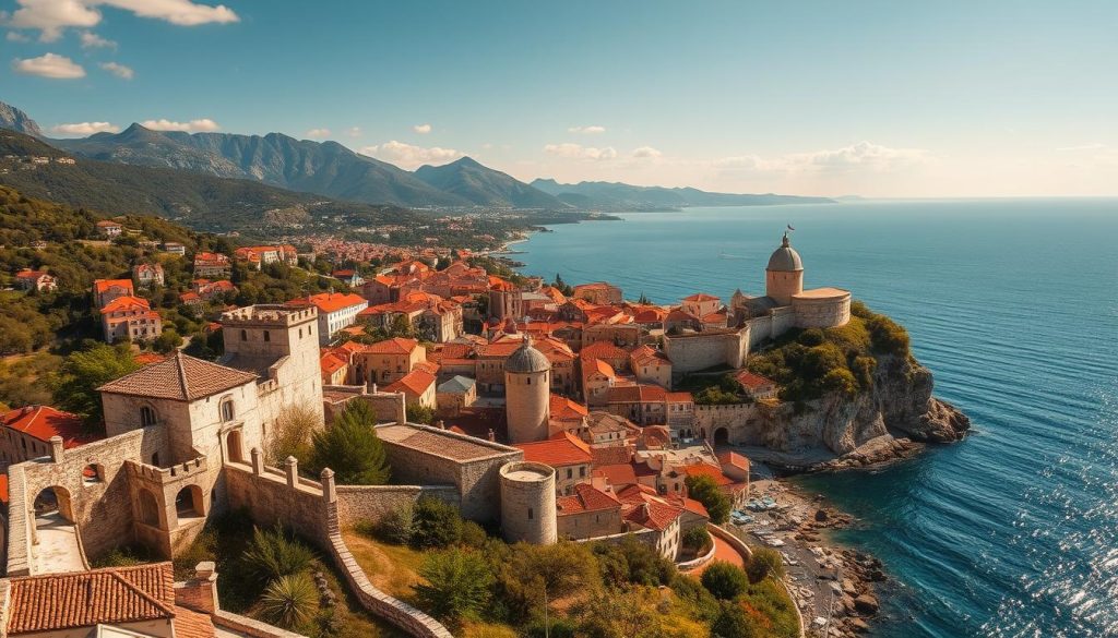 Picturesque Croatian landscapes dotted with ancient castles and fortresses, the dramatic coastal cliffs and azure Adriatic Sea serving as a breathtaking backdrop. Rugged mountains and lush forests, the sun's golden rays filtering through the canopy, casting a warm glow on the weathered stone walls. Narrow cobblestone streets winding through historic towns, the echoes of kings and queens long past resonating in every step. Sweeping vistas overlooking the Adriatic, the shimmering waters reflecting the majestic architecture of King's Landing. Capture the cinematic grandeur of Game of Thrones' iconic filming locations, a visually stunning testament to Croatia's natural and historic splendor.