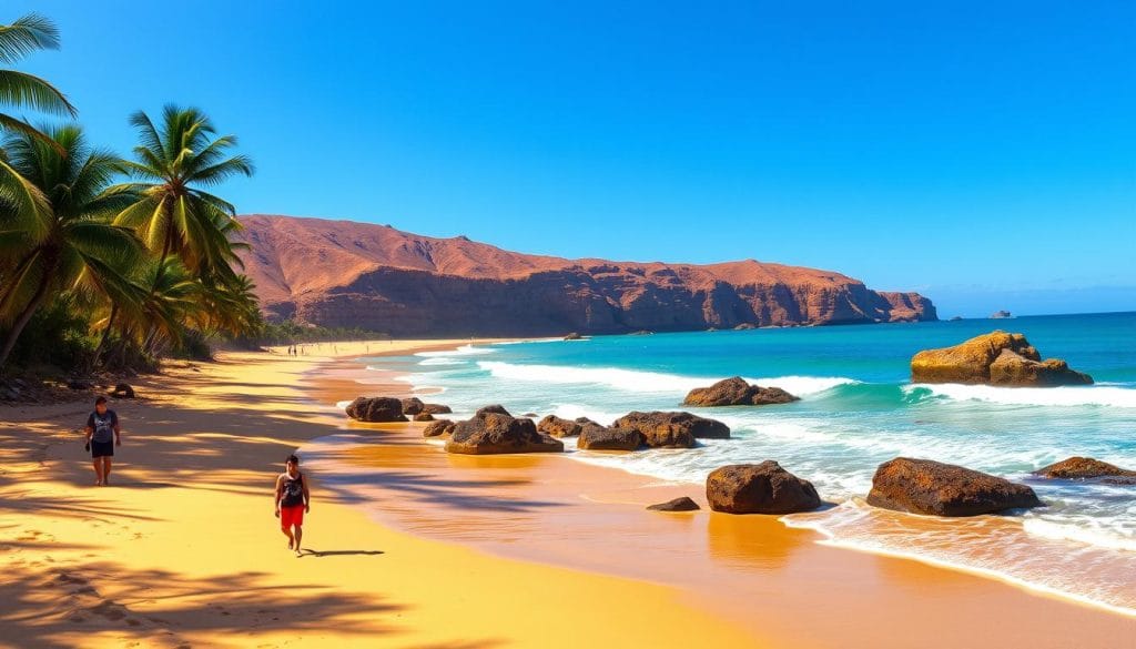 Pristine, sun-drenched Ecuadorian Pacific Coast beaches, with golden sand and emerald waves lapping gently against the shore. In the foreground, beachgoers stroll leisurely, their silhouettes capturing the tranquil mood. Further out, rocky outcroppings jut into the cerulean waters, their weathered surfaces glinting under the warm, golden light. The middle ground features lush, verdant palm trees swaying in a light breeze, their fronds casting dappled shadows on the sand. In the distance, the horizon is dotted with rugged, undulating cliffs, their ochre and umber hues creating a breathtaking backdrop. The scene evokes a sense of unspoiled natural beauty, inviting visitors to immerse themselves in the serene, captivating essence of Ecuador's stunning Pacific Coast. Pristine, sun-drenched Ecuadorian Pacific Coast beaches, with golden sand and emerald waves lapping gently against the shore. In the foreground, beachgoers stroll leisurely, their silhouettes capturing the tranquil mood. Further out, rocky outcroppings jut into the cerulean waters, their weathered surfaces glinting under the warm, golden light. The middle ground features lush, verdant palm trees swaying in a light breeze, their fronds casting dappled shadows on the sand. In the distance, the horizon is dotted with rugged, undulating cliffs, their ochre and umber hues creating a breathtaking backdrop. The scene evokes a sense of unspoiled natural beauty, inviting visitors to immerse themselves in the serene, captivating essence of Ecuador's stunning Pacific Coast.